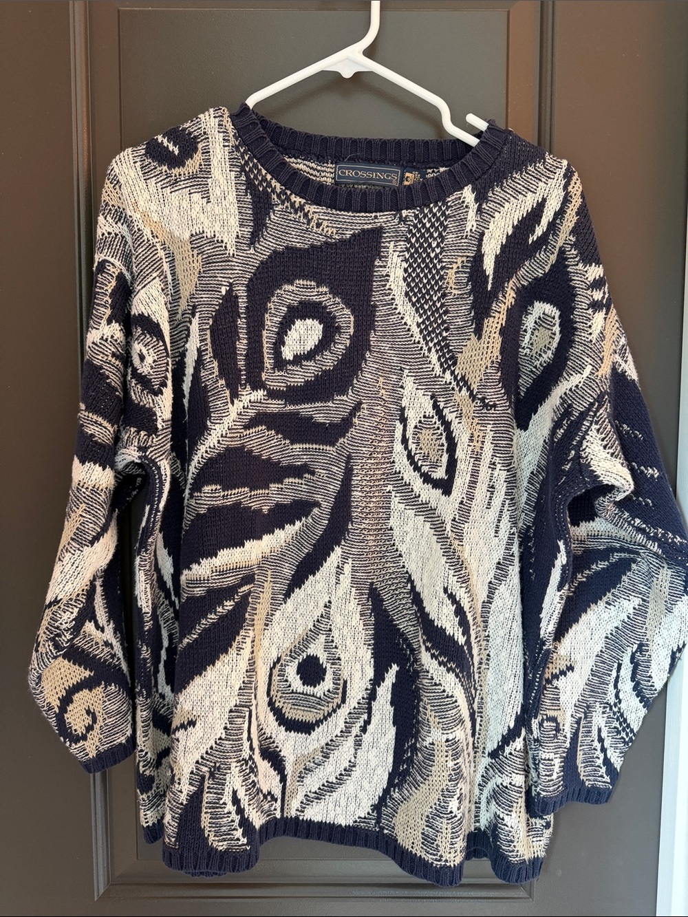 Grandpa Vintage Navy and Cream Patterned Crewneck Sweater Size M